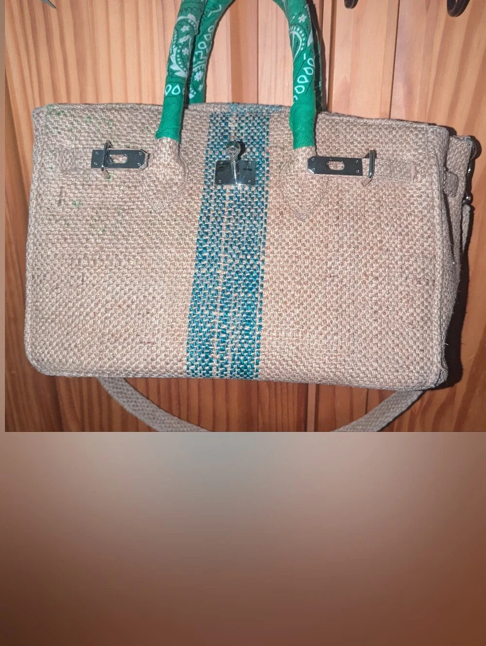 Woven Paris Jute Burlap Satchel Bag with Green Bandana Wrapped Handles Accent
